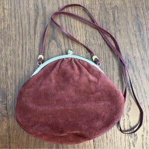 Maroon Suede Pouch Clutch Wine Clasp Frame Made Italy Vintage Purse Bag Art Deco